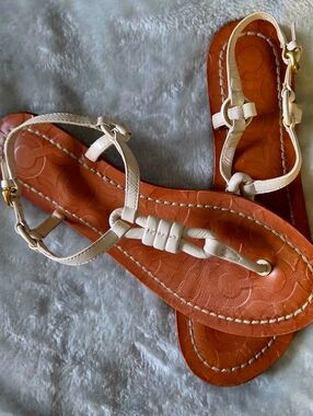 Coach White Leather T-Strap Sandals with Tan Footbed
